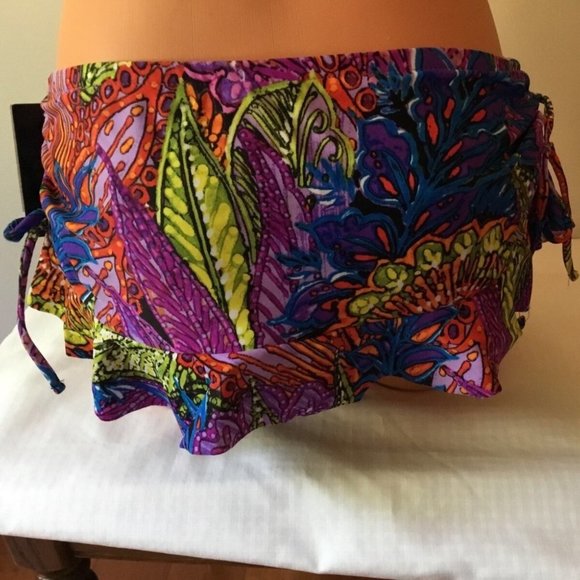 New ABS Swim Skirted Bikini Swimsuit Ruched Ruffled Sides Tropical Colorful - Picture 2 of 2